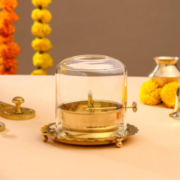 Amazing Antique Golden Brass Akhand Diya Oil Lamp| Size: 6X5.5 Inches with Lifting Screw Wick Holder and Borosilicate Glass Cover,Lid for Jyoti Lighting, for Diwali and Navratri Celebrations - Image 2